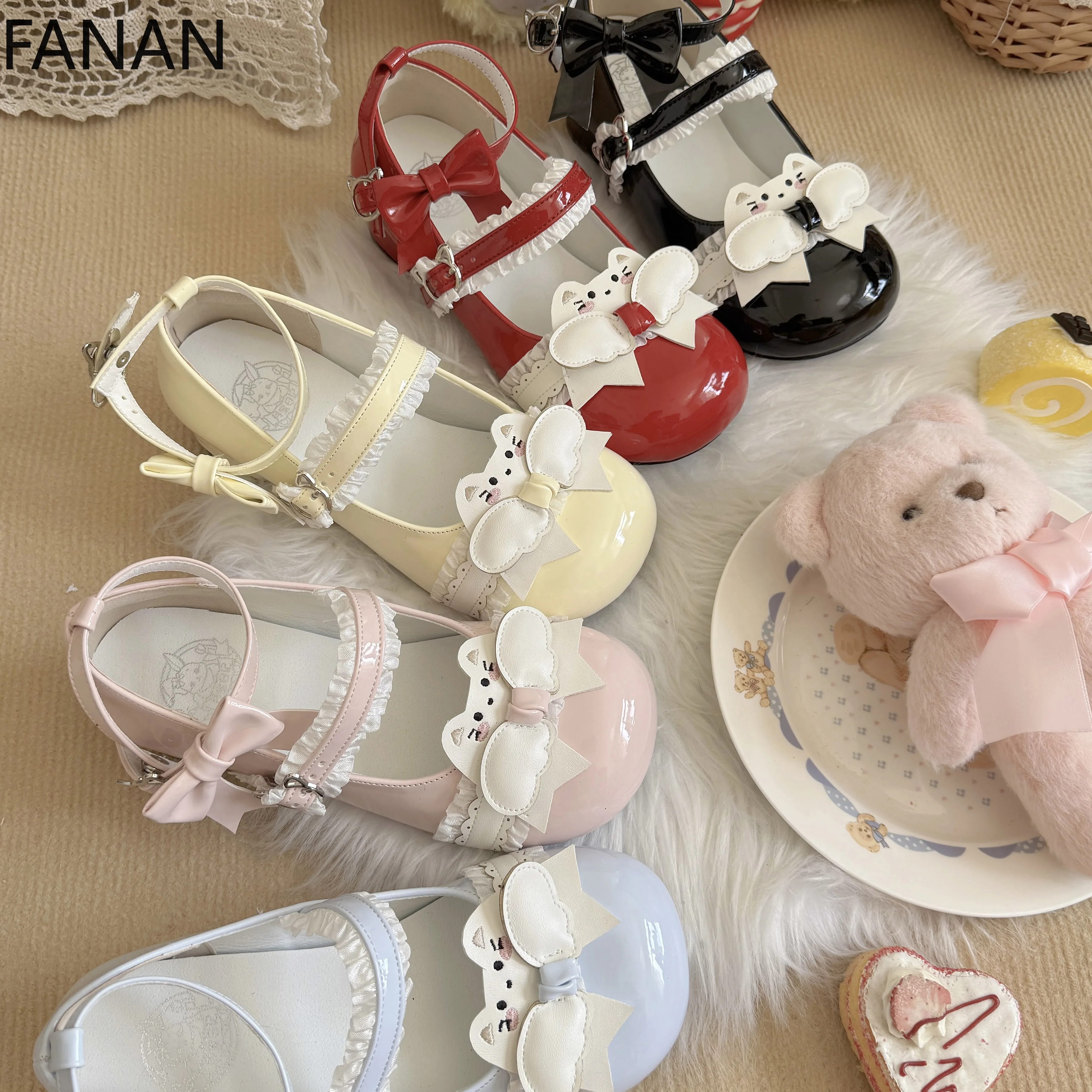 

Kawaii/женские туфли на плоской подошве с кружевом в стиле Лолиты, милые розовые туфли на высоком каблуке, японские туфли Мэри Джейн на липучке, туфли-лодочки