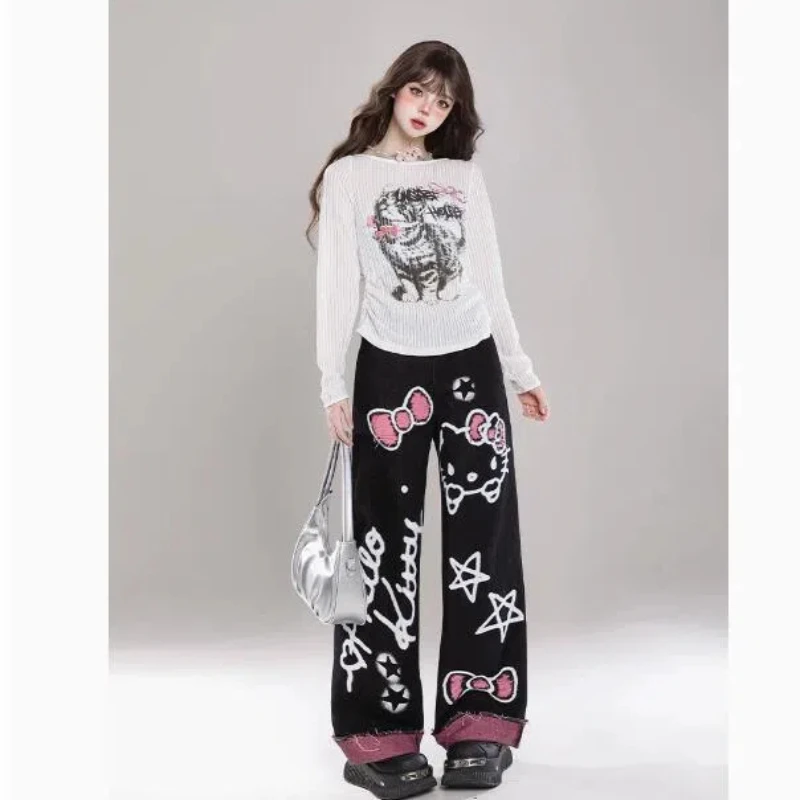 Hello Kitty Print Jeans Women's Spring Autumn Tide American Retro Babes Loose Wide Leg Pants Girls Birthday Christmas Gifts