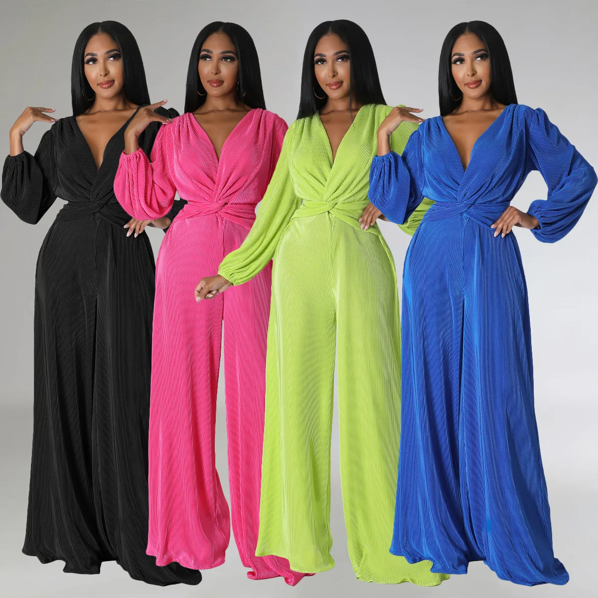 

Casual Women Jumpsuit Deep V-Neck Solid Color Full Sleeve Sporty Long Romper Women Jumpsuit Overalls