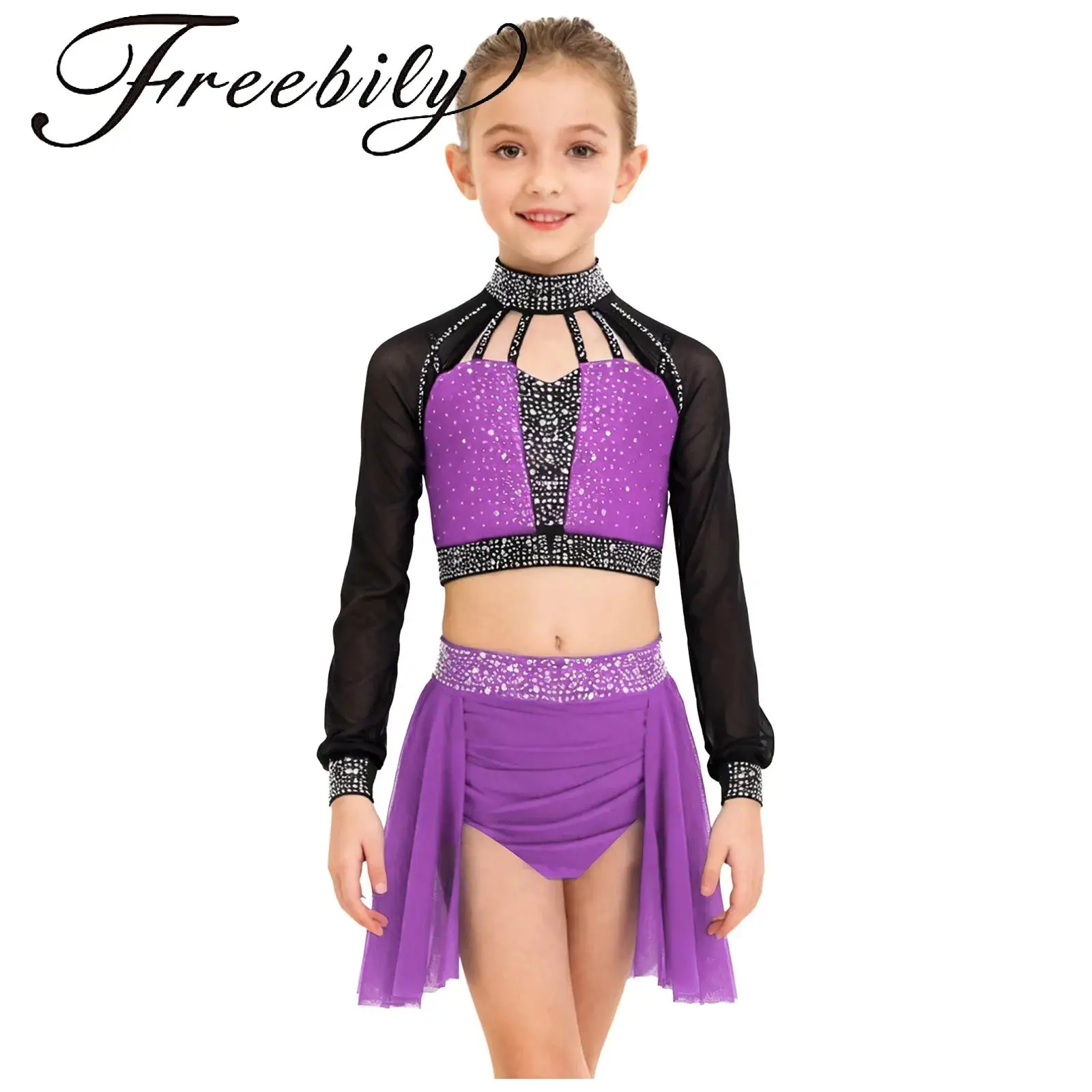 

Kids Girls Sheer Mesh Dance Outfit Mock Neck Strappy Shiny Rhinestones Crop Top with Ruched Irregular Skirt for Figure Skating