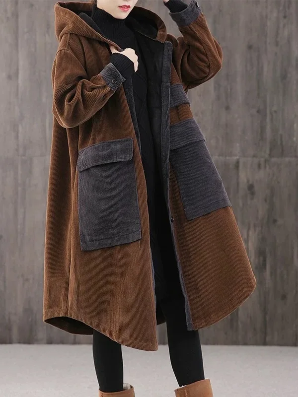 Thickened Cotton Corduroy Jacket for Women with Hood Mid-Length plus Size Autumn Winter Coat Warm Comfortable Cotton Outerwear