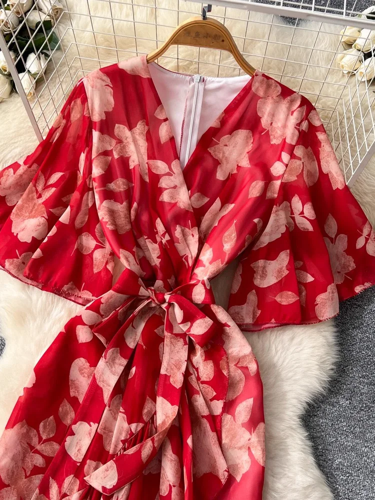 فستان ماكسي نسائي مطبوع عليه زهور على شكل حرف v ملفوف من الأمام وأكمام طويلة فستان شاطئ صيفي بوهو أنيق للحفلات رداء 2026 جديد #4