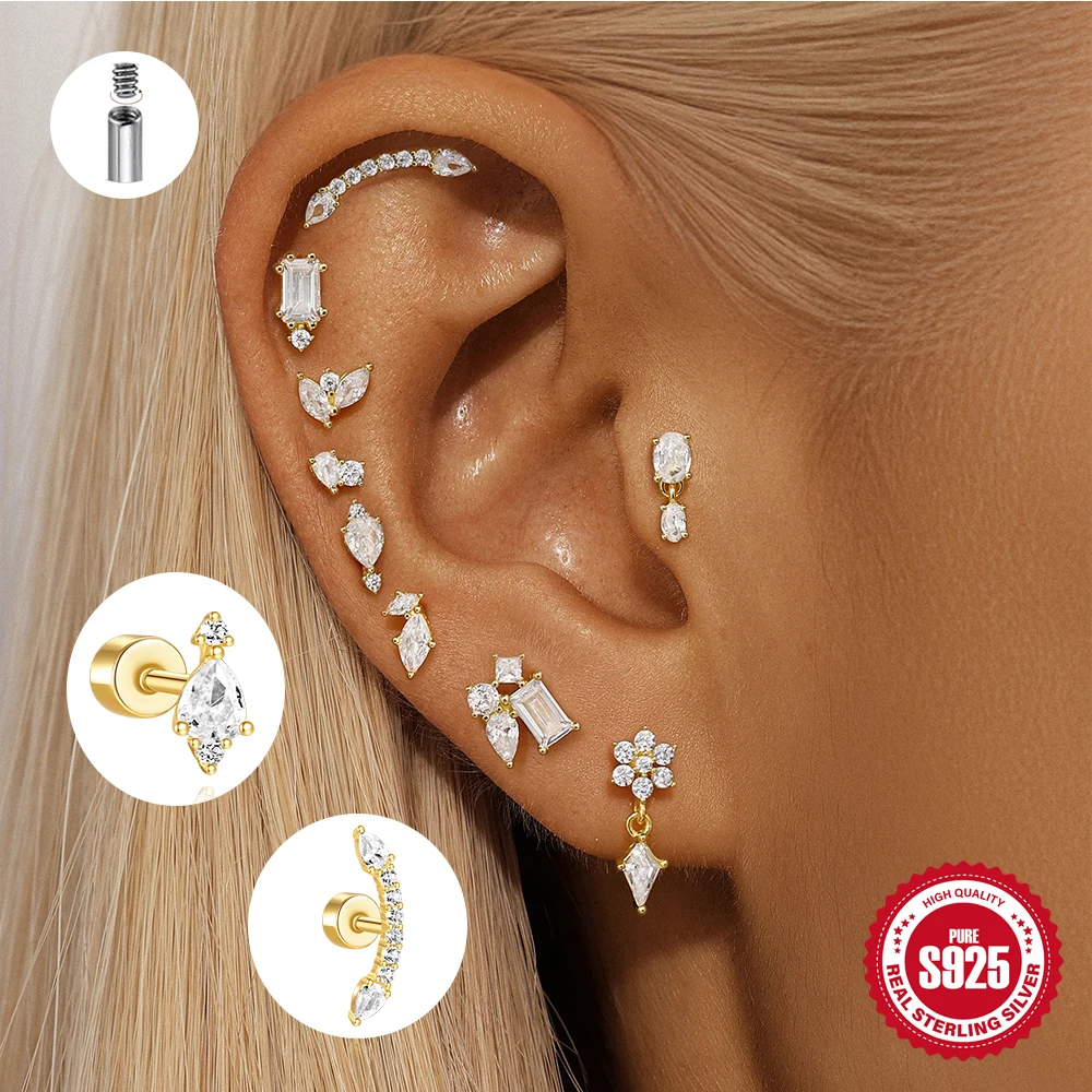 

ROXI 925 Sterling Silver 1Piece geometric zircon tassel piercing earring for Women 18K gold flat head Party Wedding Jewelry