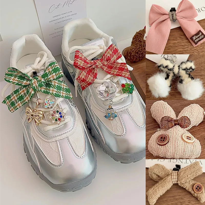 Red Green Grid Bow Shoelaces Buckle Autumn Winter Christmas DIY Shoe Flowers Accessories For Sports DE Training Casual Shoes