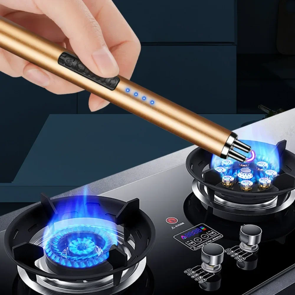 Electric Candle Lighter Windproof Flameless USB Rechargeable Arc Lighter Kitchen Gas Stove BBQ Pulse Lighter with Safe Button