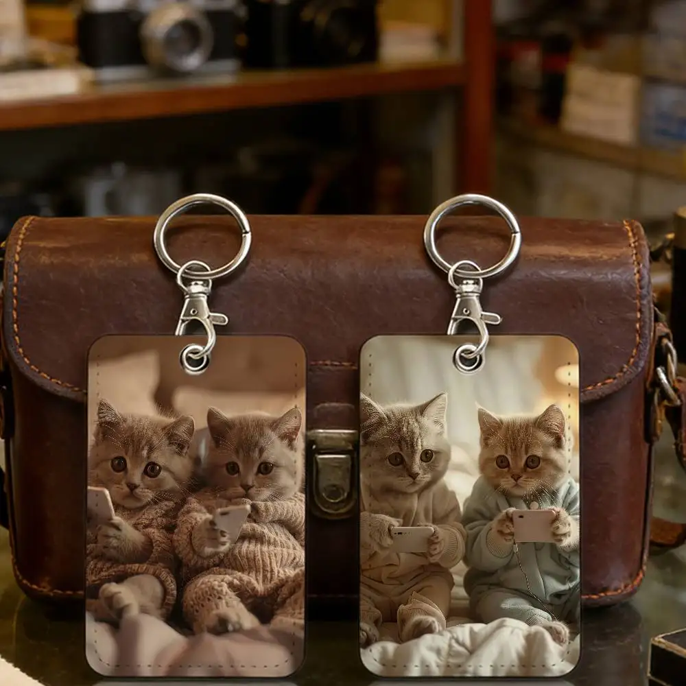 Cute Cat Holding Phone Card Holder Keychain Badge Holder ID Card Pass Hang Rope Lariat Lanyard for Key Rings Accessories Gift