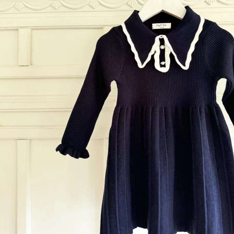 Autumn Winter Baby Girl Knitted Dress Japanese Navy Collar College Style Pleated Dress Kids Dresses for Girls Dress for Girls