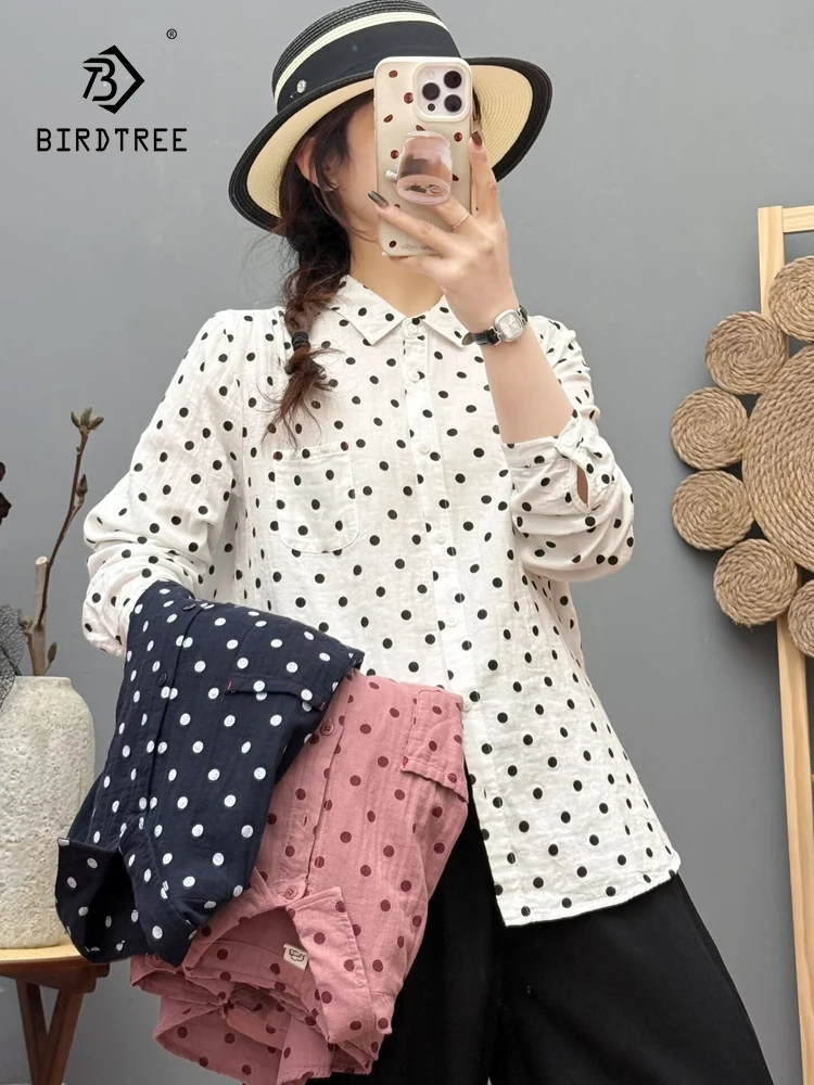 

Новая осенняя рубашка с длинными рукавами из хлопковой пряжи 2025 года, женская рубашка с отложным воротником в горошек, мягкая свободная блузка Mori Girl Sweet OL T5N289CC