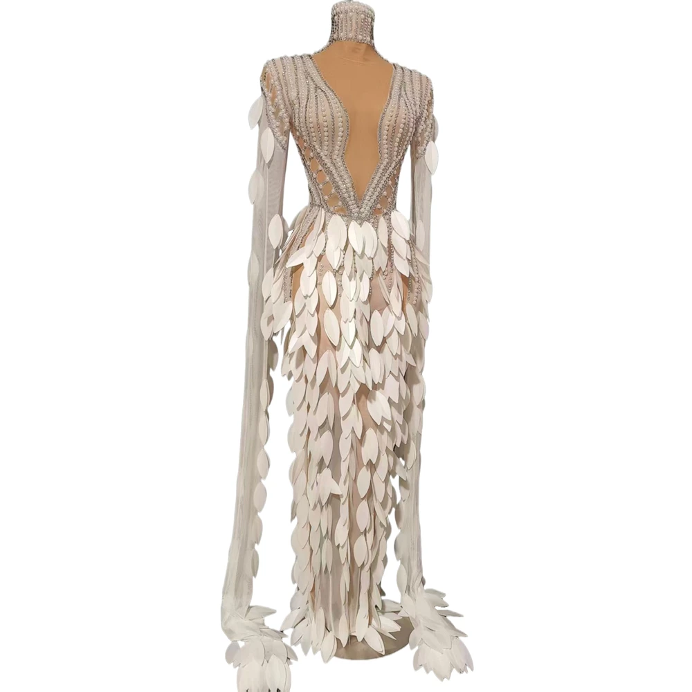 

Sparkly Stones White Pearls Plastic Feather Shape Long Sleeve Dress Women Sexy Transparent Birthday Celebrate Photo Shoot Wear