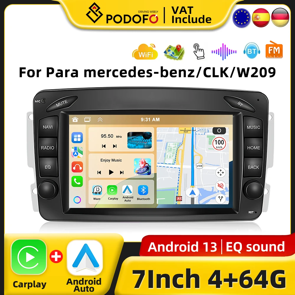 Podofo CarPlay Radio Android Per Mercedes-Benz CLK W209 1998-2004 Sistema Intelligente Per Auto 2din GPS FM Stereo Multimediale Autoradio
