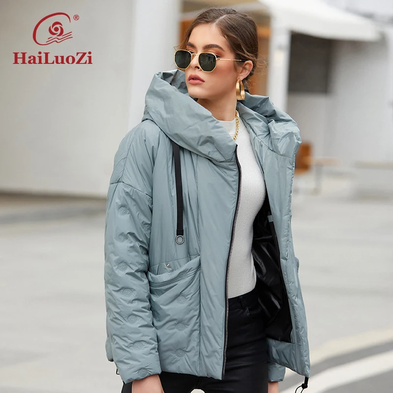 HaiLuoZi 2022 Women Jacket Spring Windproof Coat Women\'s Short Fashion Slanted Placket Quality Filling Female Casual Parka 7088