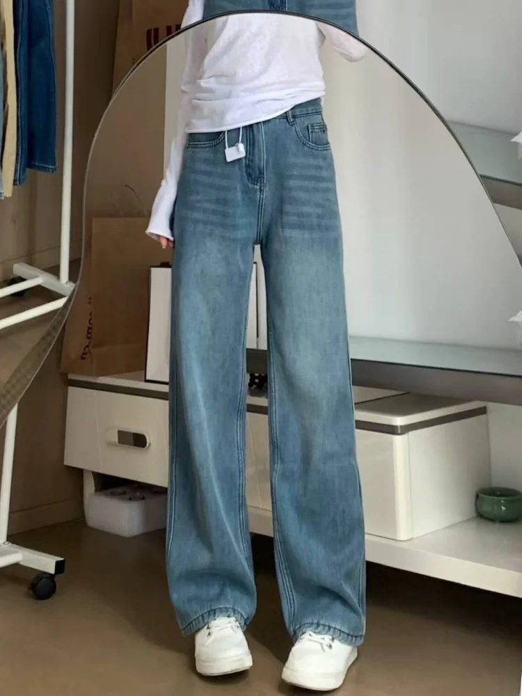حجم كبير Thiened Fce عالية الخصر الجينز المرأة الشتاء فضفاض بنطال ذو قصة أرجل واسعة مستقيم قطع الطابق طول بنطلون