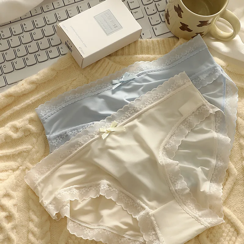 Ropa interior de seda helada para mujer, bragas con máscara de cintura media sin costuras de secado rápido, bragas sexys con adornos de encaje de estilo japonés para adolescentes, 3 piezas