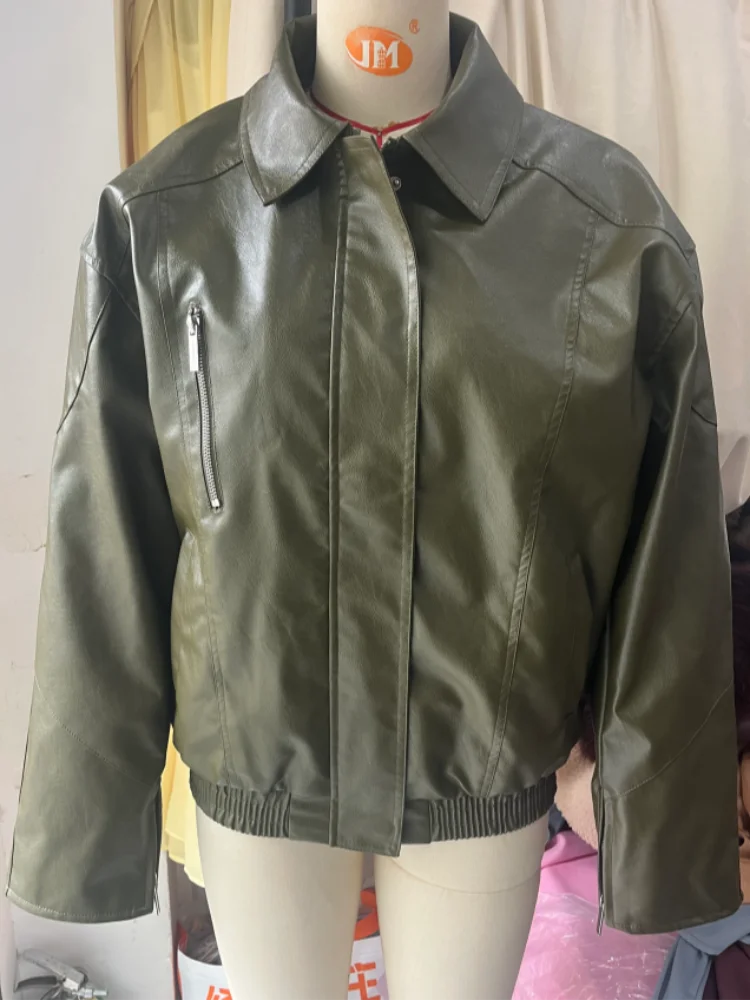 Retro Uniwersalna Skórzana Kurtka Kołnierz Zamek Błyskawiczny Casualowy Elegancki Płaszcz Wierzchni Modny Długi Rękaw Luźny Damski Jesienny Streetwear