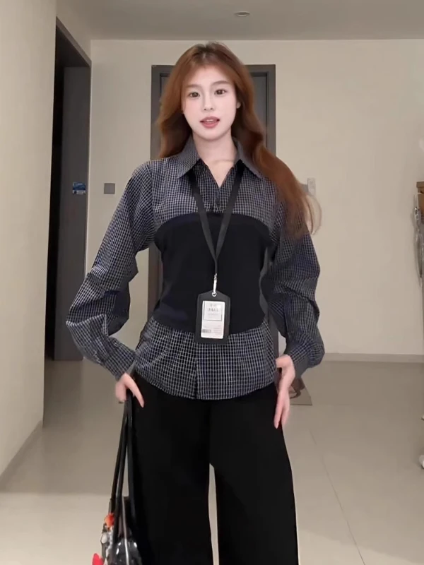 

Женская корейская рубашка больших размеров в клетку с длинным рукавом, воротником и завязками на талии, приталенная, из дышащего полиэстера, осенняя