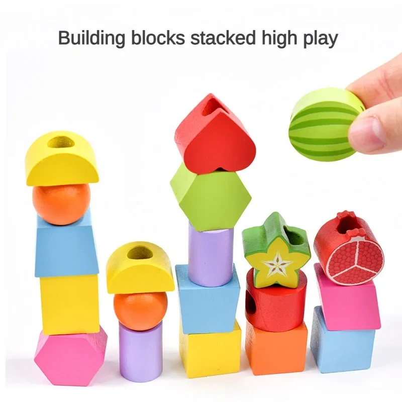 Montessori Holz spielzeug Stapel blockiert Puzzlespiel bunte Perlen Obst Farbe Form passend frühen Lernspiel zeug Geschenk für Kinder