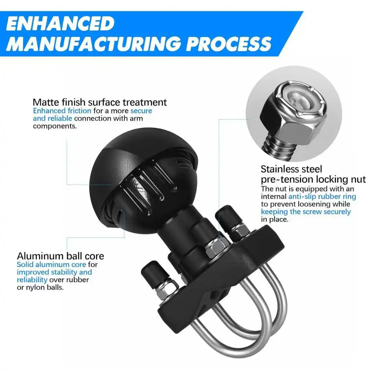 

\Base fixed with double U-shaped bolts, equipped with a 2.25-inch ball. Suitable for round tubes and half-round tubes, compatibl