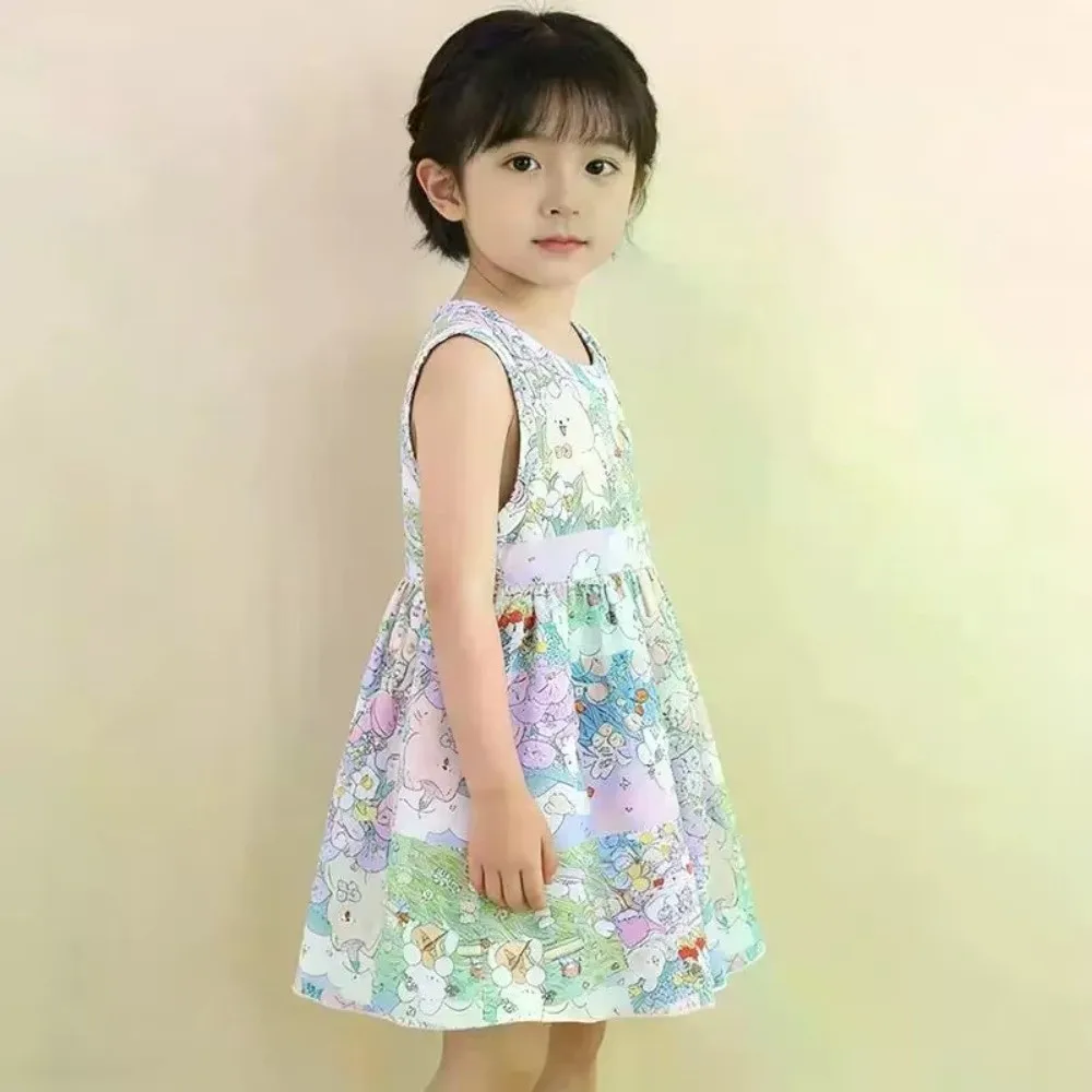 Cute Graffiti Printed Girls Summer Dresses Sweet Floral Cool Kids Vest Dresses A-line Skirt Kids Clothing