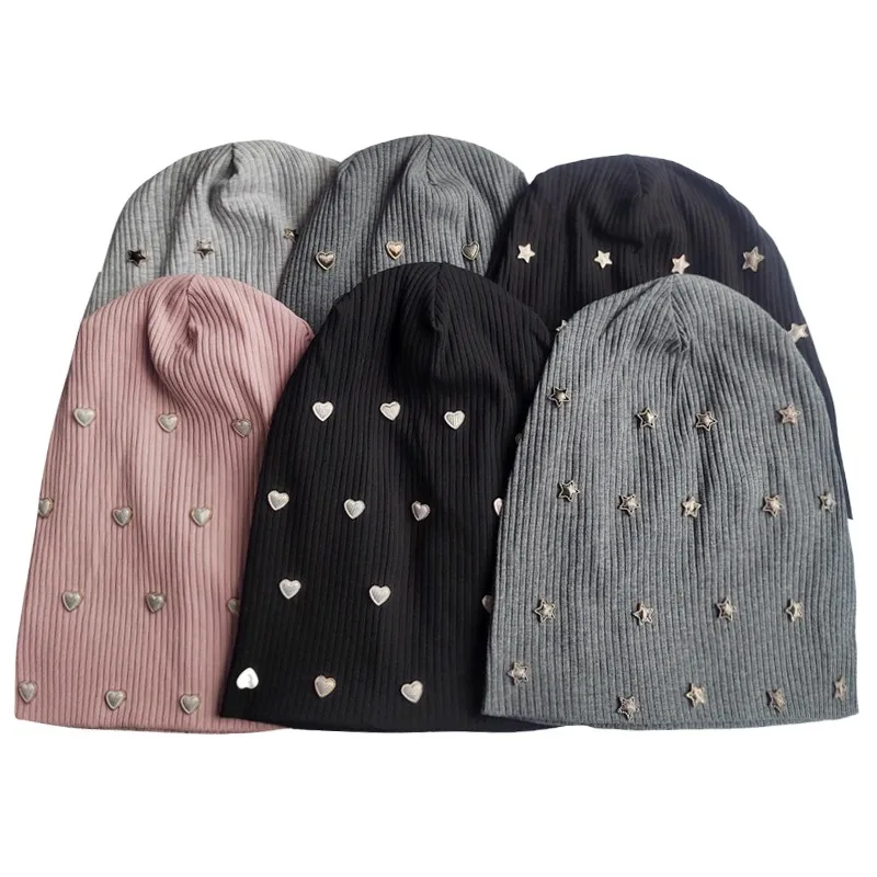 Women Warm Cotton Beanies With Five Pointed Star Accessories Soft Solid Color Skullies Hats Elastic Fashion Caps Bonnet