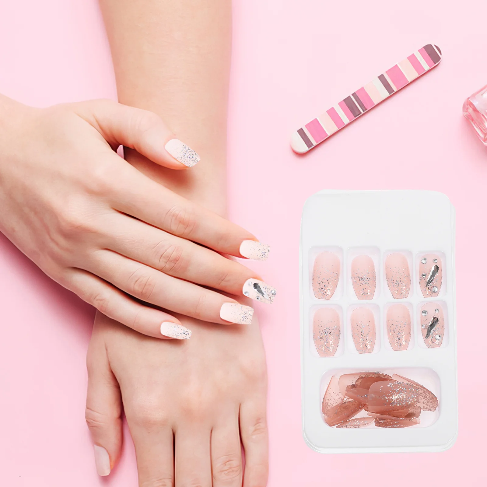 24 قطعة من الأظافر المزيفة اللامعة اضغط على أطراف أظافر صناعية طويلة غطاء كامل طقم مانيكير نسائي مزخرف لتصفيف الموضة #1