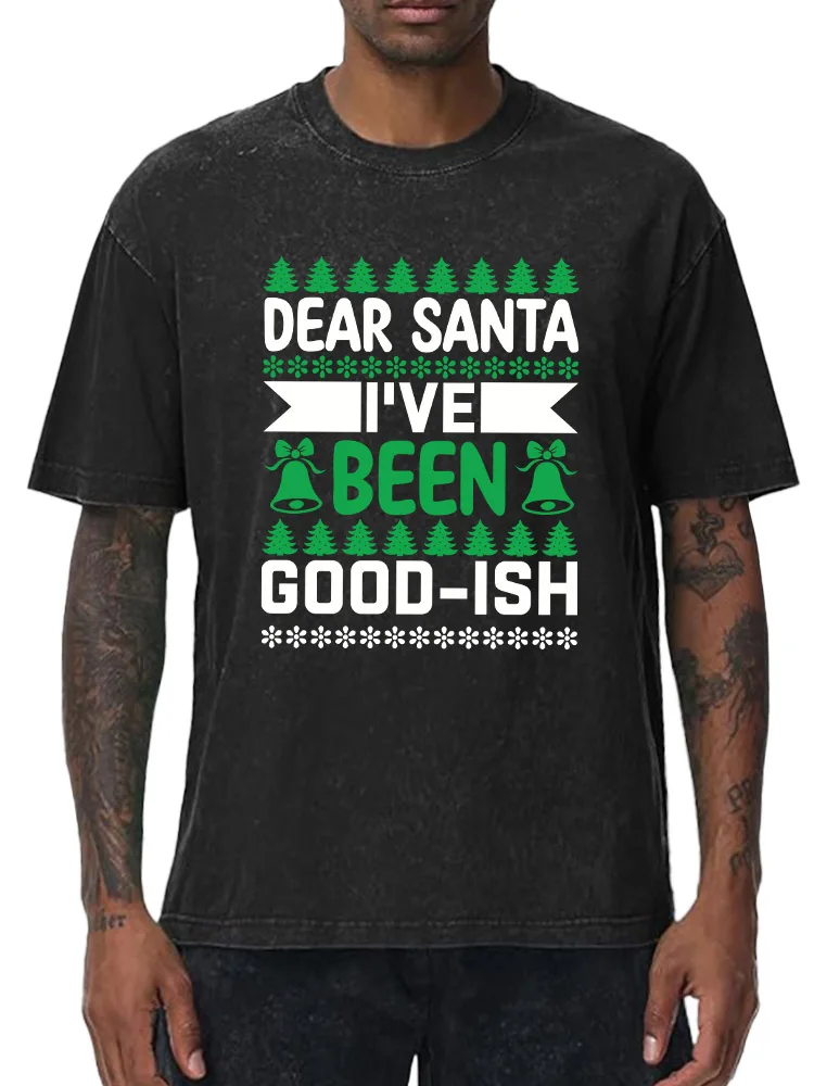 

I'Ve Been Good-Ish 230g Heavy Cotton Washed Oversized T-Shirt for Men Christmas Graphic Tee Retro Casual Top