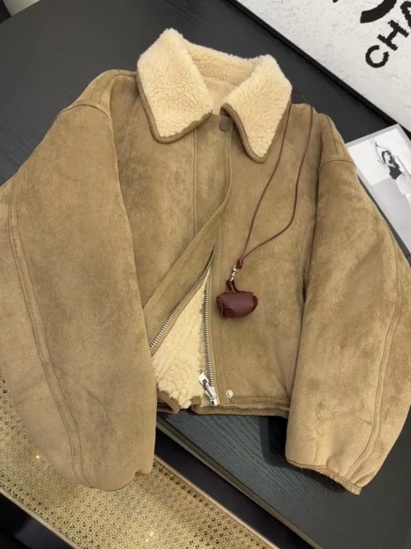 

Women's Suede Lamb Fur Jaet Retro Sle Long Sve Warmth Outerwear Leather Fur Inteated Spring New Small Size Vintage H...