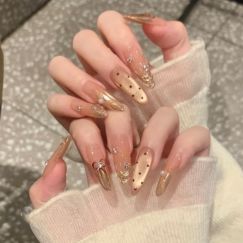 24Pcs Polka Dot French Cat's Eye Fake Nail Tips with Gradient Gilded Diamond Stick on Nails Almond Reusable Press on False Nails