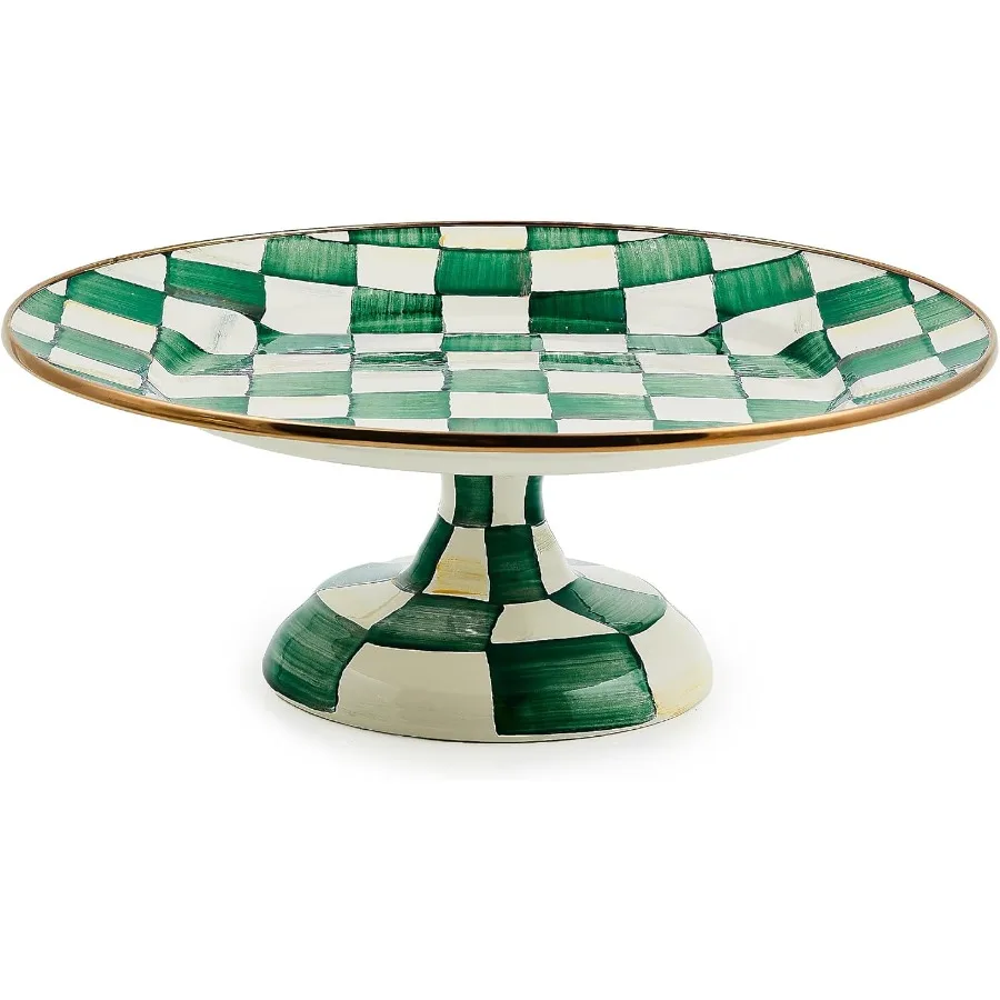 

Enamel Pedestal Platter Round Cake Stand Small GreenandWhite Emerald Check