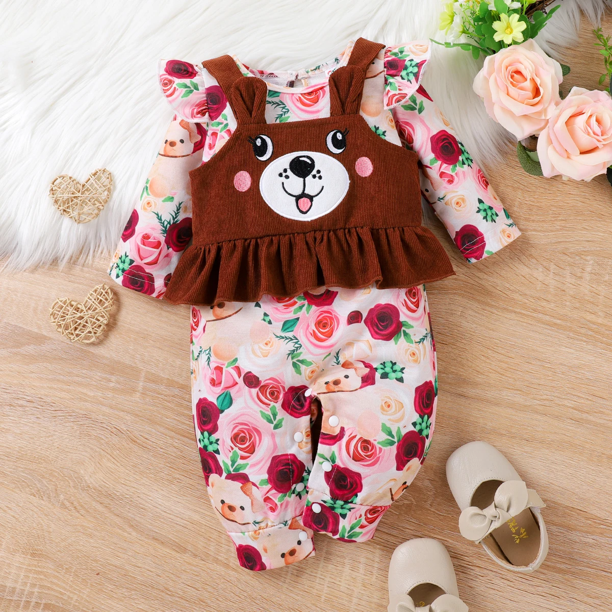 PatPat 2pcs Baby Girl Childlike Bear Jumpsuit Set