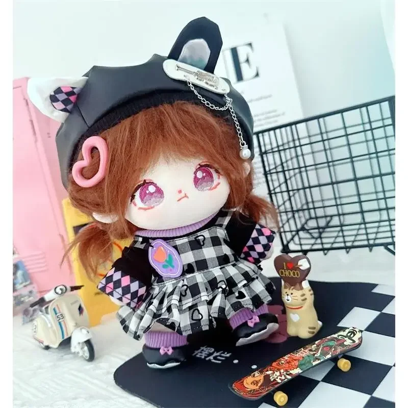 20cm cotton doll plush toy doll clothes, beret plaid skirt, interchangeable set