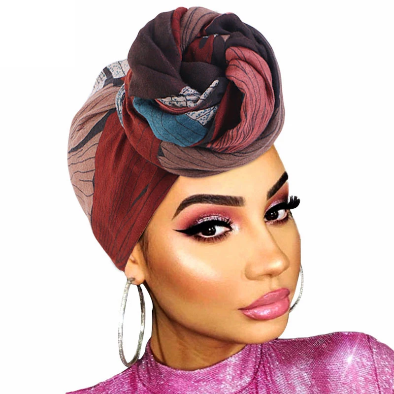 

African Pattern Floral Print Knotted Turban Women Long Headscarf Beanie Hat Party Wedding Turban Headwear Turbante Mujer 2024