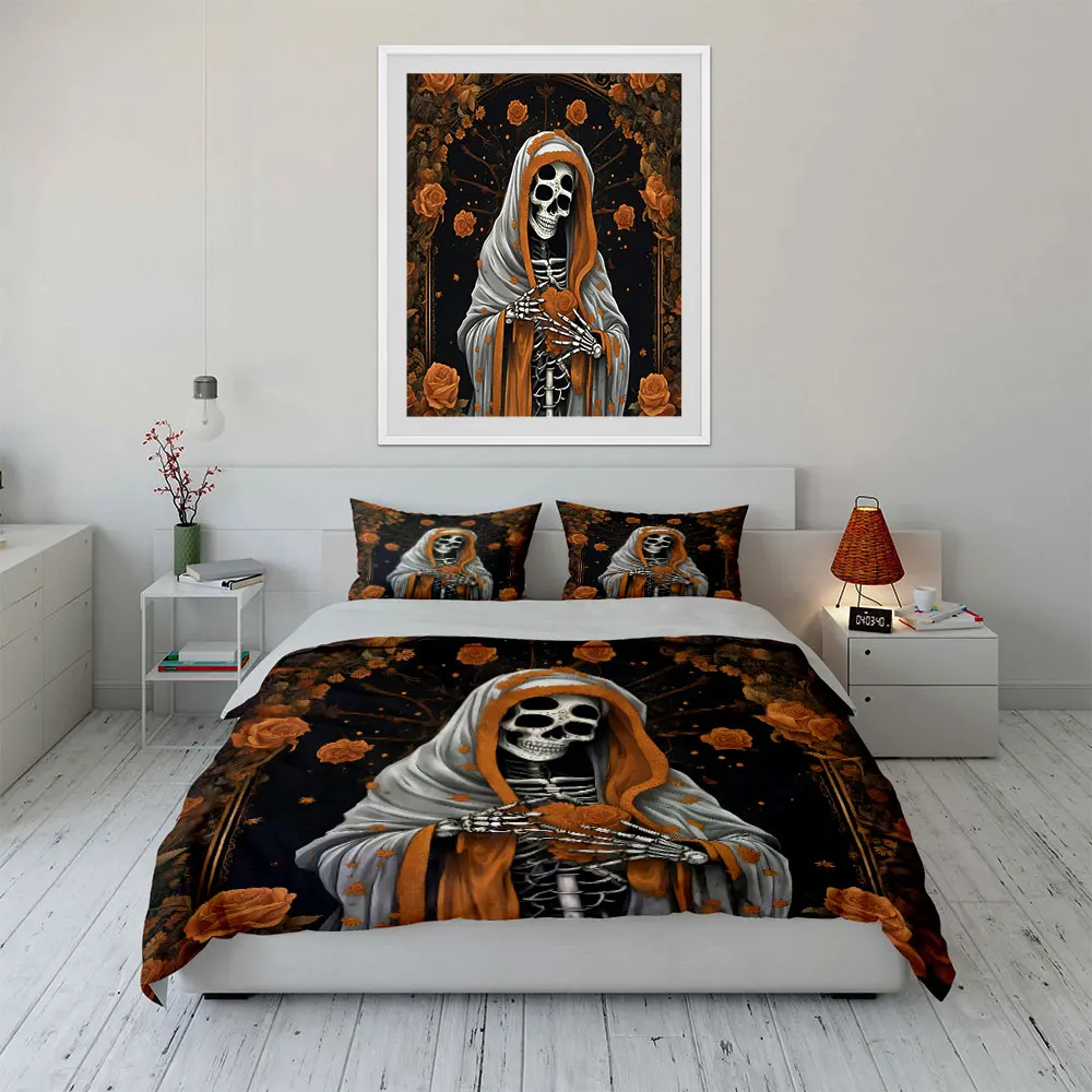 Skeleton with white robe and orange roses Pattern Duvet Cover Set Digital Print Colorful Polyester Bedding with Zipper Closur