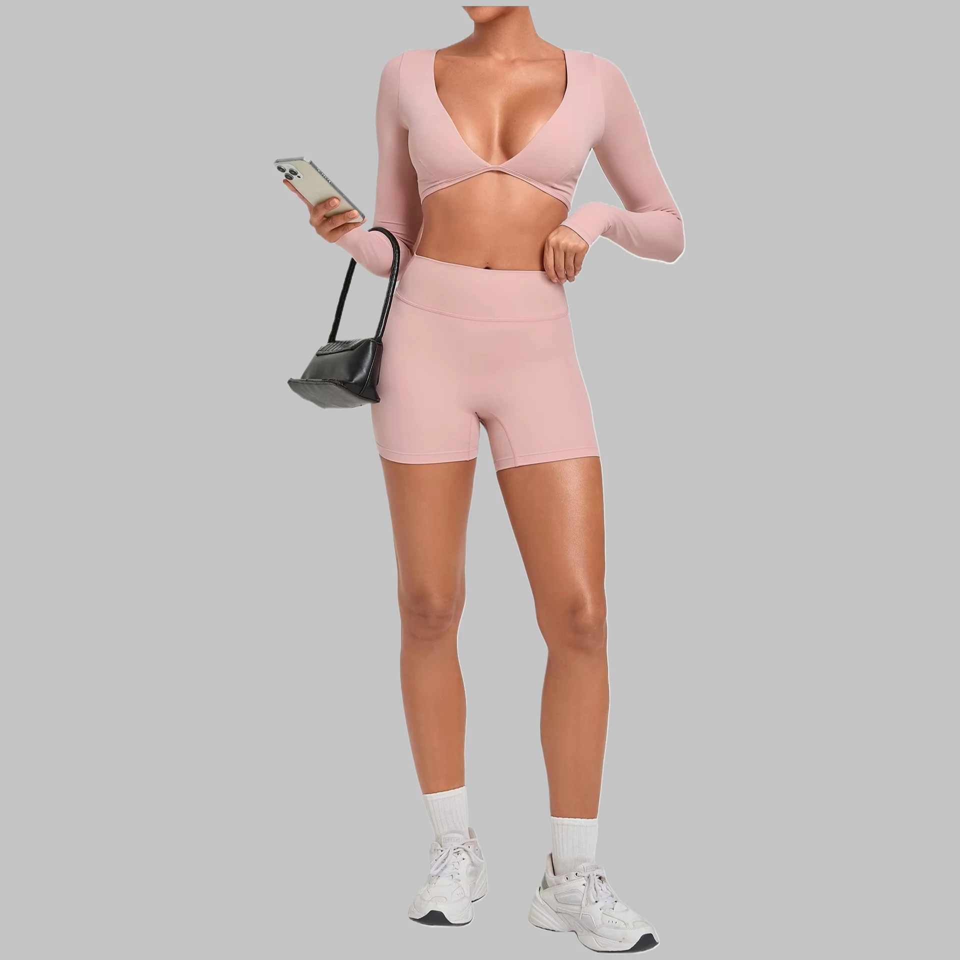 Women Tight-fit Long Sleeve Yoga Sets High-waisted Butt-lifting Shorts Quick-dry Activewear Winter Outdoor Running Sports Suits