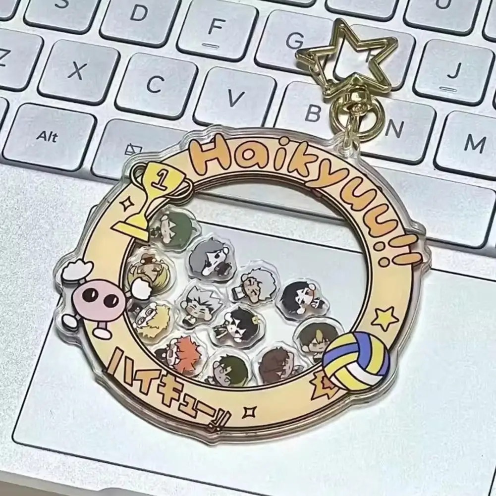 Haikyuu Runder Acryl-Schlüsselanhänger, Anime, kreativer Cartoon-Volleyball-Team-Thema, Schüttelspielzeug, Anhänger, Tasche, Dekoration, Zubehör, Geschenke