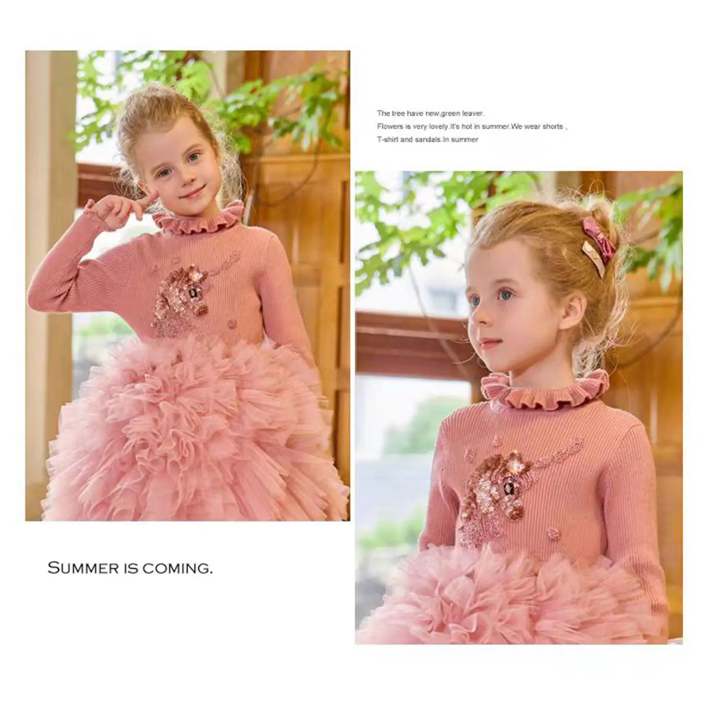 Jill Wish-vestido rosa de manga larga con cuello alto para niña, vestido con cuentas hasta el té, princesa árabe, boda, fiesta de cumpleaños y vacaciones, J329