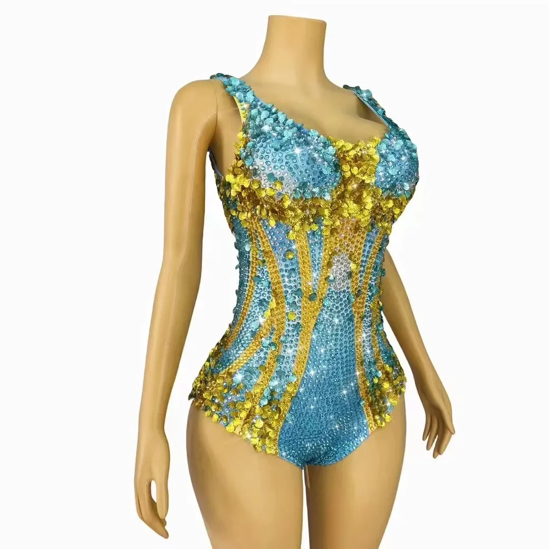 Sparkly Rhinestones Sequins Strip Leotard for Women Sexy Performance Dance Costume Singer Dancer Show Nightclub Stage Wear