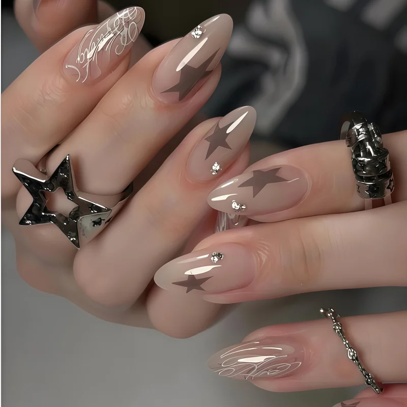 24 faux ongles en forme d'amande, couleur nude, style féminin, très tendance, couleur foncée, best-seller