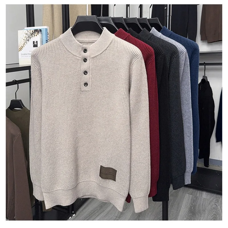 

Мужской вязаный свитер-пуловер из шерсти и хлопка на четырех пуговицах, уютный, теплый, классический дизайн, мужская верхняя одежда