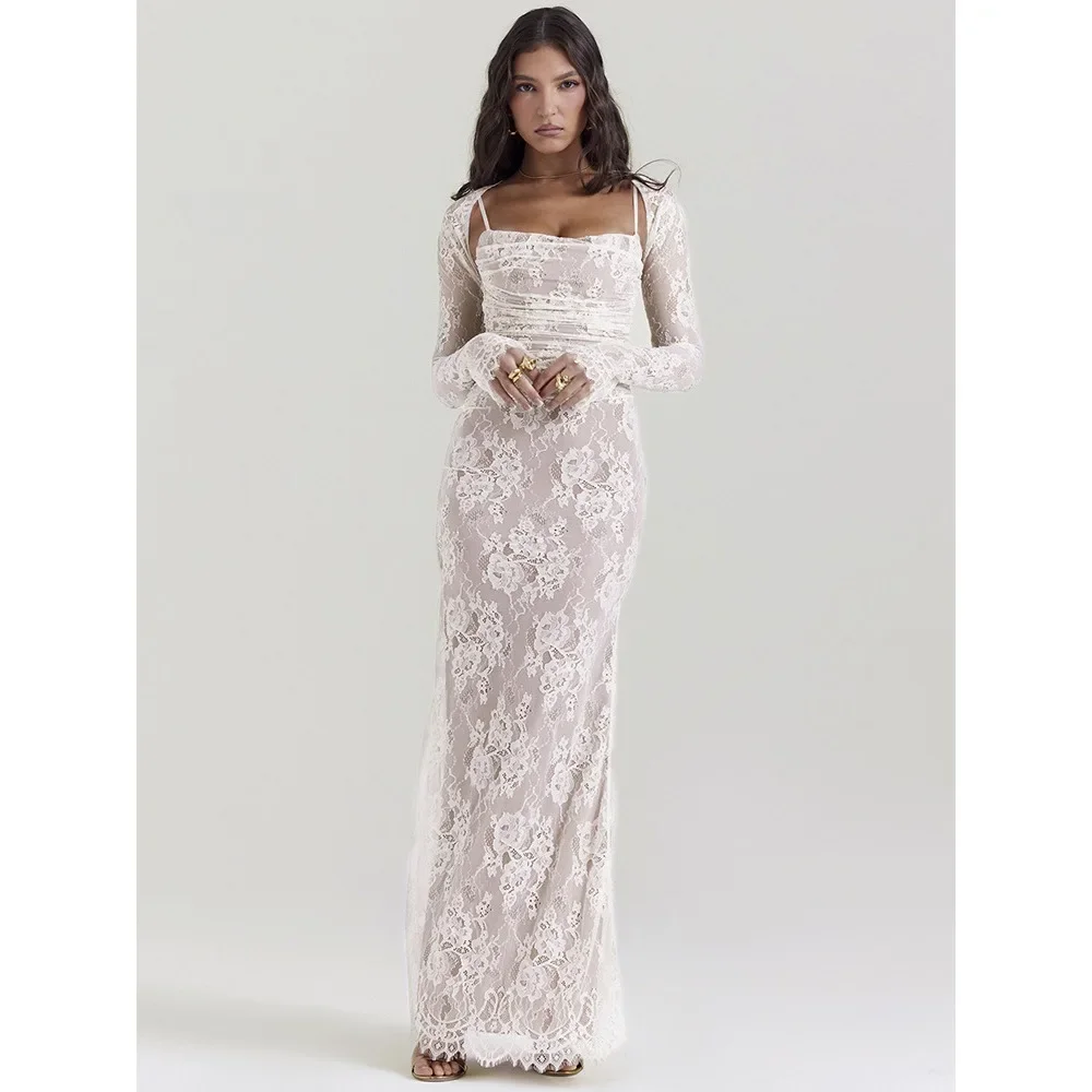 White Lace Elegant Maxi Long Evening Dress Women 2024 Autumn Dress Slim Bodycon Nightclub Sexy Party Dresses Vestidos