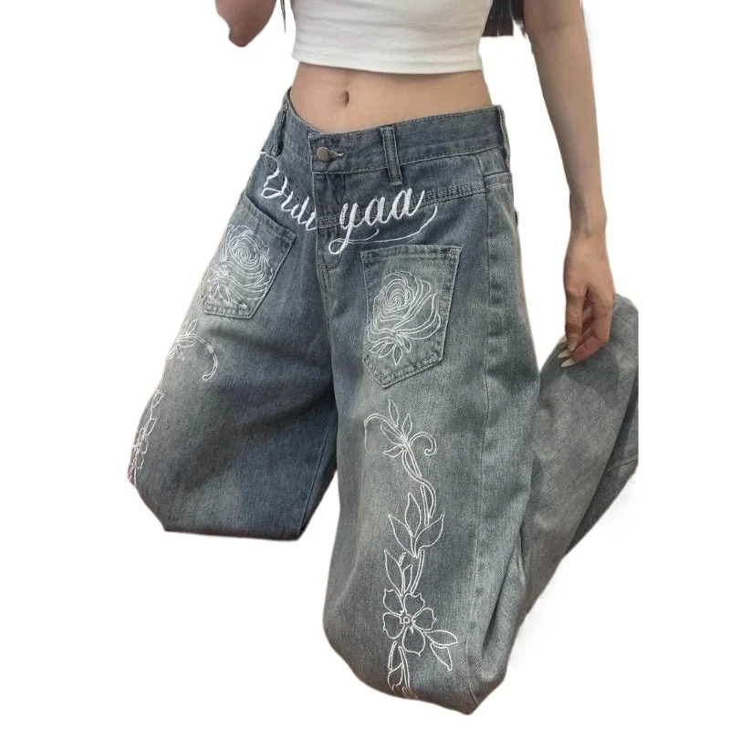Olivegirl Women's Denim Hiphop Blue Pocket Floral Letter Embroidered Jeans Straight Trousers Bottom Y2k Cowbow 2000s