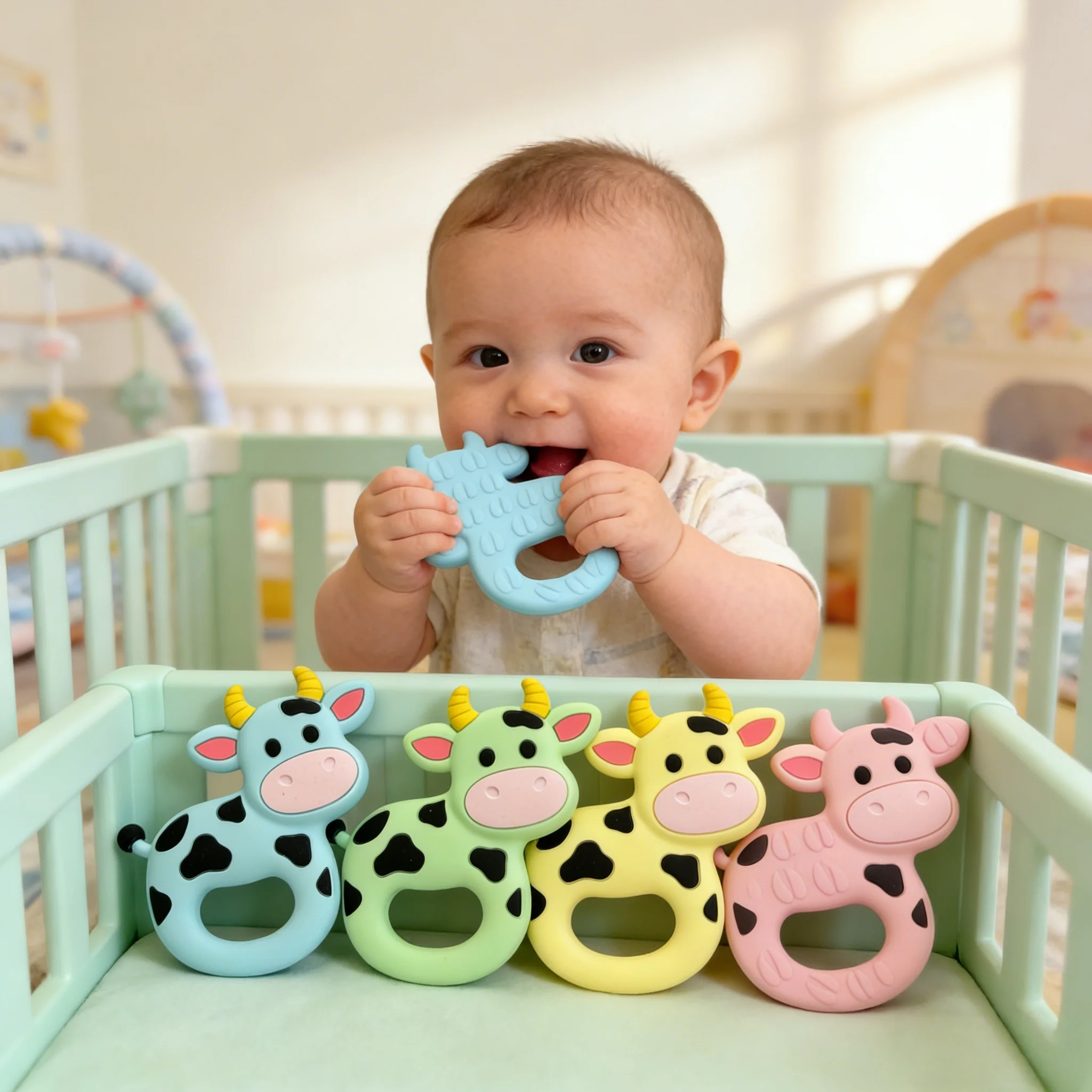 Cute-idea Cow Shape 2pcs/lot Food Grade Silicone Baby Teether - BPA Free Cartoon Teething Chew, DIY Pacifier Chain Baby Teething