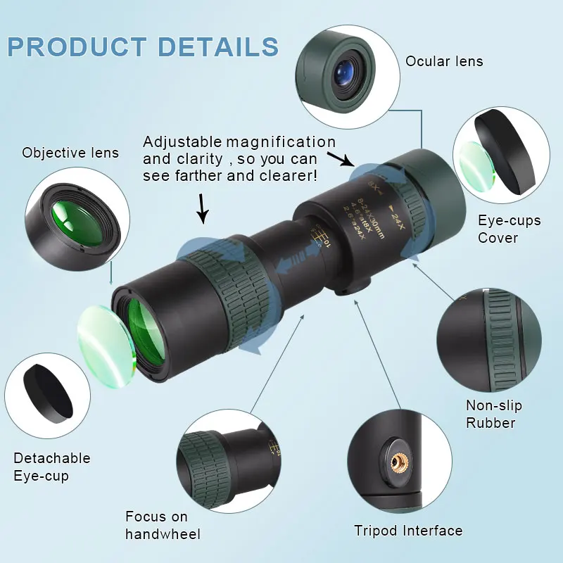 Zoom Telescópio Monocular, Zoom Stepless, Longo Alcance, Prisma Bak4, Telescópio com Bússola, Caça, Ao Ar Livre, Acampamento, Presentes, 8-24x