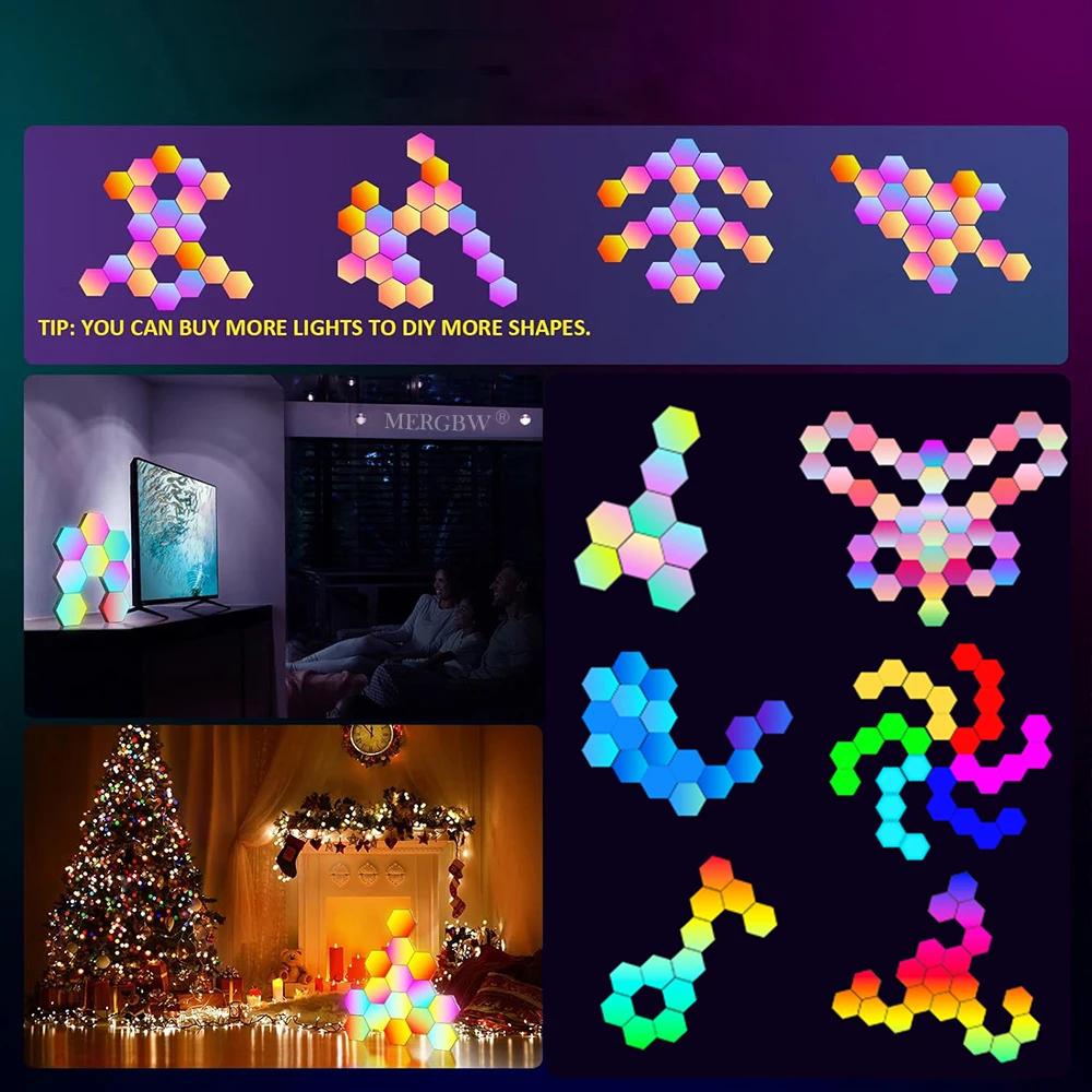RGB Intelligent Hexagonal Wall Lamp Color Changing Ambient Night Light Hexagona Shape MeRGBW APP DIY Music Sync Game Room Home