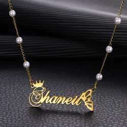 Custom Name Butterfly Necklaces Personalized Crown Letter Nameplate Pearls Chains Collar Stainless Steel Choker Female Jewelry