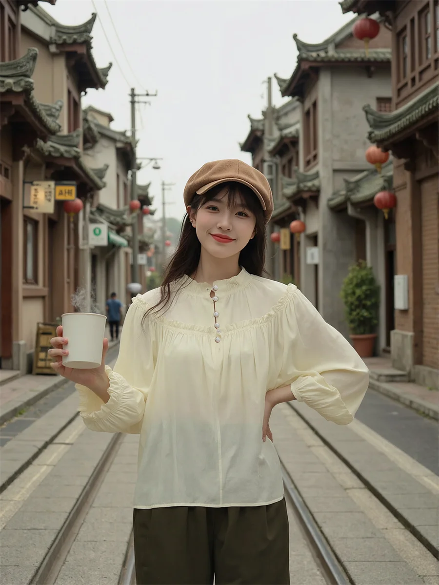 

Женская рубашка, однобортная, в корейском стиле, воротник-стойка, китайская, азиатская, на пуговицах спереди, простая, базовая, повседневная, минималистичная