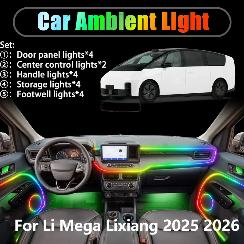 

Для Li Mega Lixiang 2025 2026 2/18 в 1, автомобильное окружающее освещение, светодиодное освещение багажника, внутренние светодиодные фонари, USB RGB, ансамбль, стример, автозапчасти
