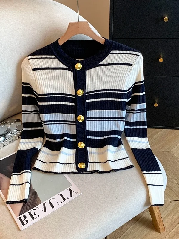 

Soft Early Autumn Commute Stripe Color Block Slim Fit Knitted Open Cardigan Long Sleeve Striped Set Women's Fashion Style