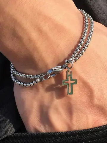 Men's Fashion Double Chain Cross Hollow Wrist Bracelets Lobster Claw Clasp Stainless Steel Bracelet Hip Hop Punk Party Jewelry