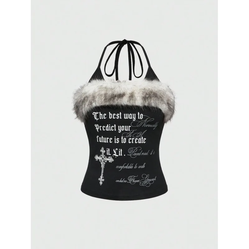 Kunstpelzbesetztes Neckholder-Cami-Top mit Kreuz-Buchstaben-Print, ärmelloses Y2K Gothic Punk Tanktop