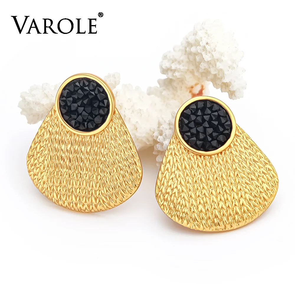 VAROLE Teardrop Textured Brass Earrings For Women Black Crystal Inlaid Stud Earrings Trendy Jewelry For Daily Party Wear Gift